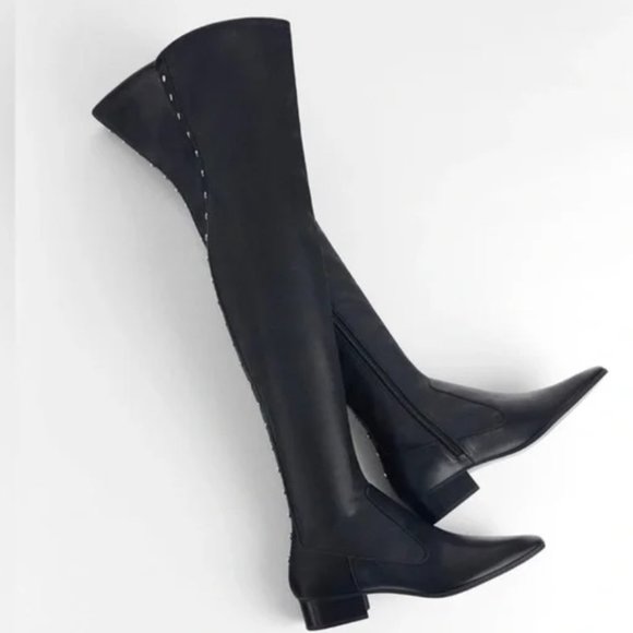 Zara Thigh High Studded Faux Leather Boots Black Low Heel - Picture 3 of 6
